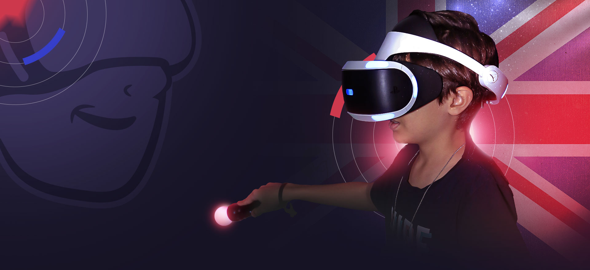 Aluno do English Academy com óculos de realidade virtual e a bandeira do Reino Unido