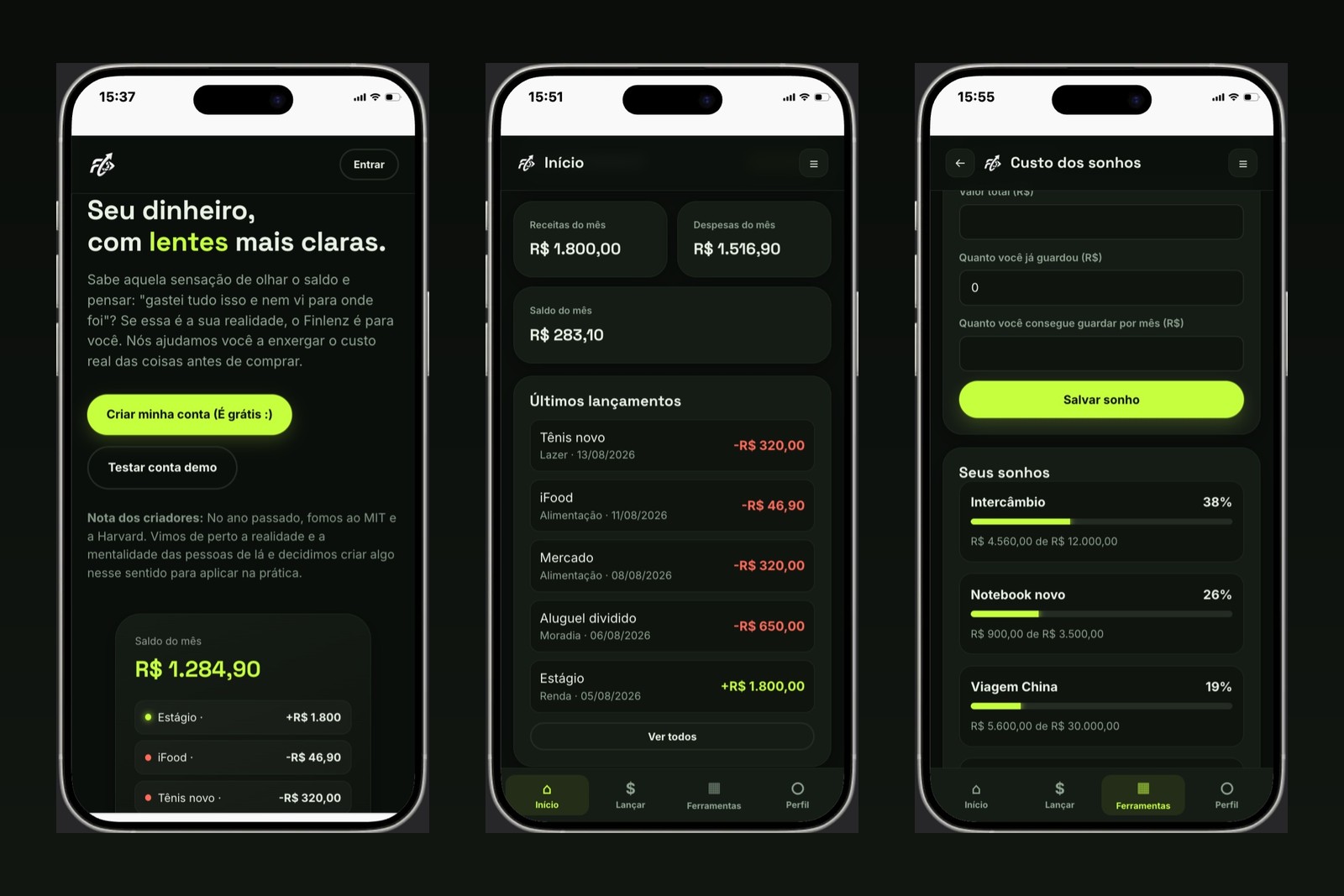 Telas do FinLenz, aplicativo de educação financeira criado por aluno da The Future School