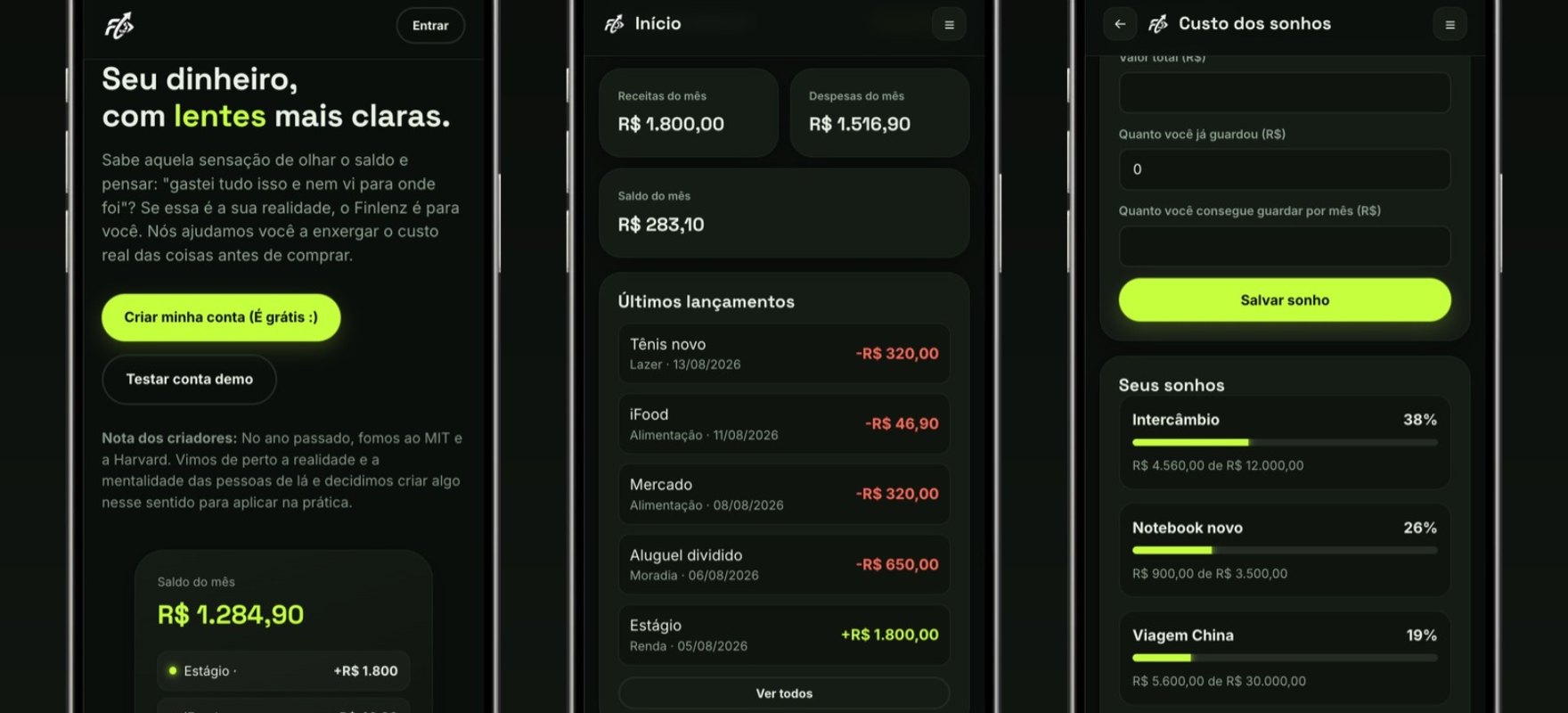 Telas do FinLenz, aplicativo de educação financeira com inteligência artificial criado por um aluno da rede